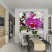 Fototapeta gałązka z kwiatuszkami orchidei na ścianie w jadalni